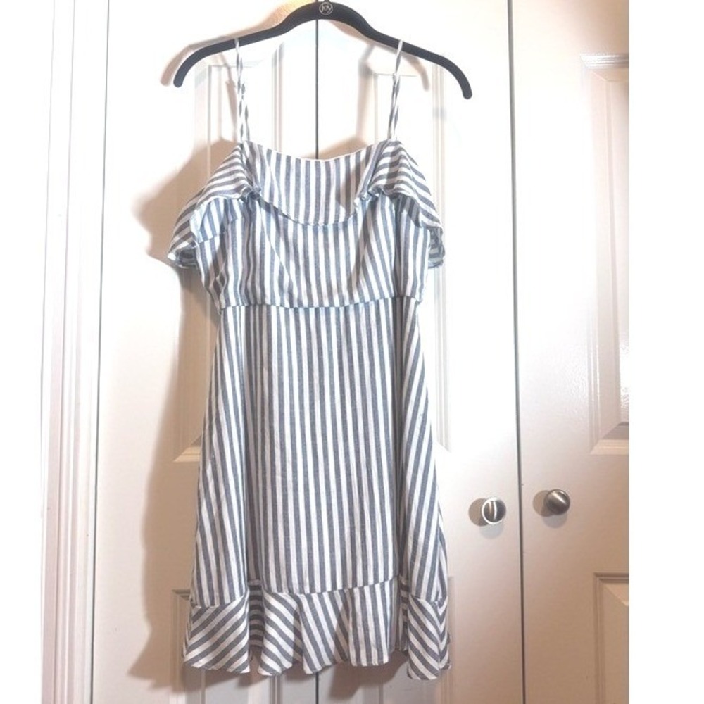 Blue White Stripe Summer Dress XL Ruffle Strappy Back Fit Flare Sundress